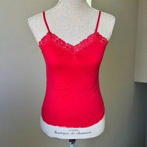 Stretchy Ruched Lace Detail Red Top - Size Medium